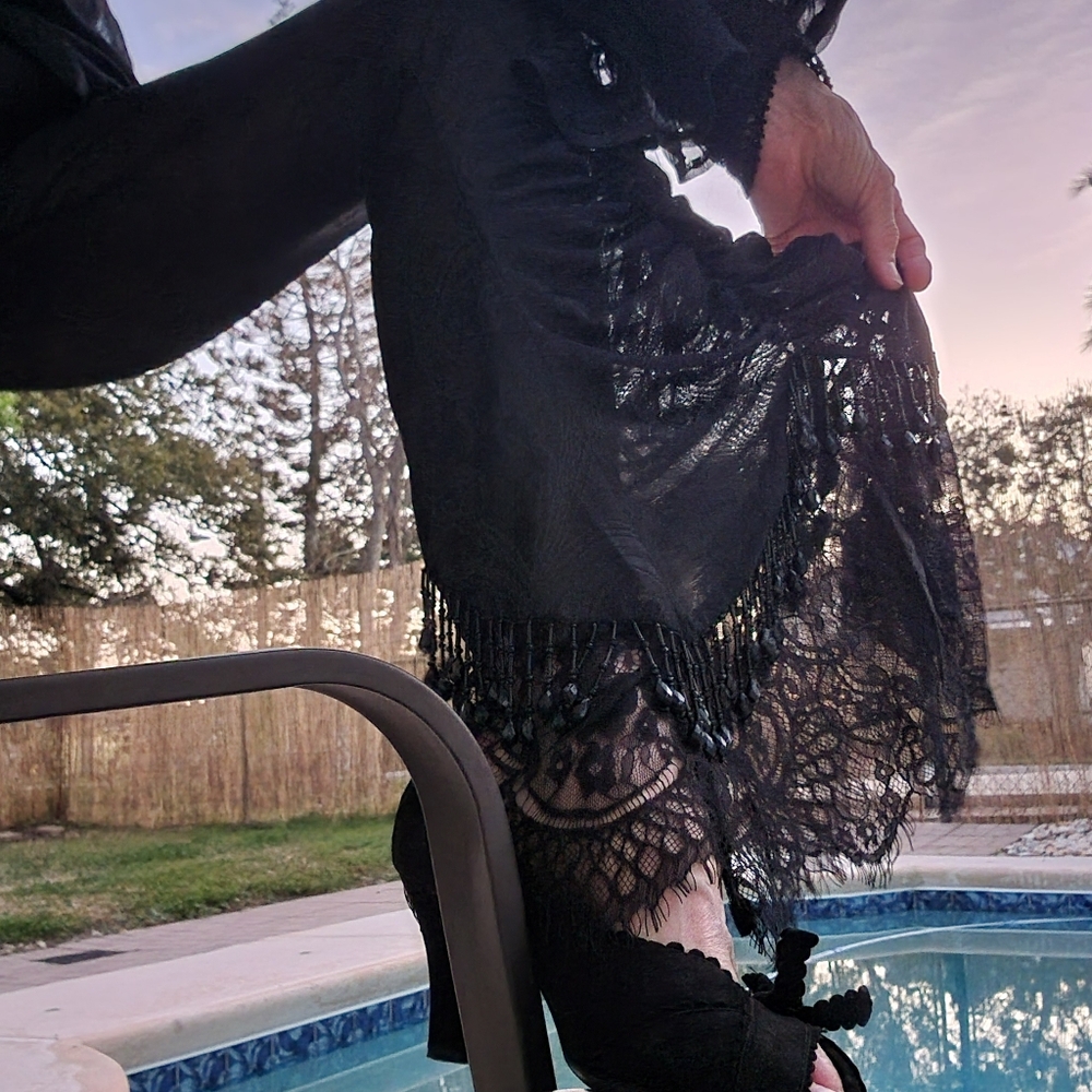 Jewled Leg Eyelash Lace  EvaLady Black Flare Women's Lace Pants Size MEDIUM NWOT